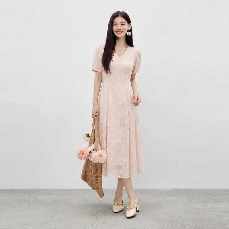 Elegant Jacquard V-Neck Puff Sleeve Midi Dress