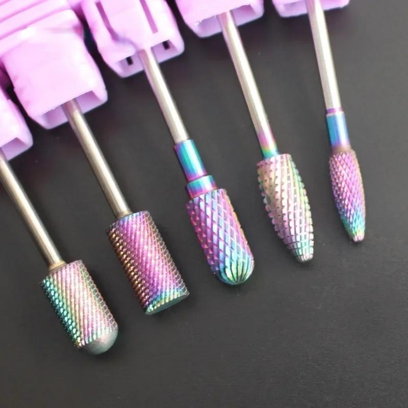 Brocas de Unha com Revestimento Arco-Íris Brocas de Metal Duro Brocas Rotativas Acessórios de Broca Manicures Ferramentas Elétricas de Beleza para Unhas