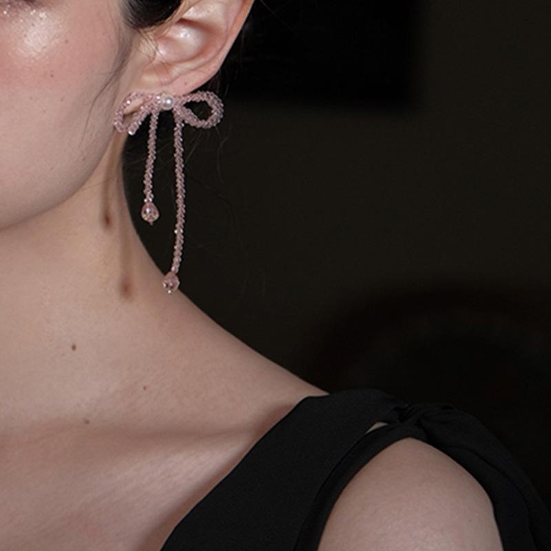 Pink Crystal Bow Fringed Stud Earrings Women'S Light Luxury High Sense Personality Unique Exquisite Fashion Earrings