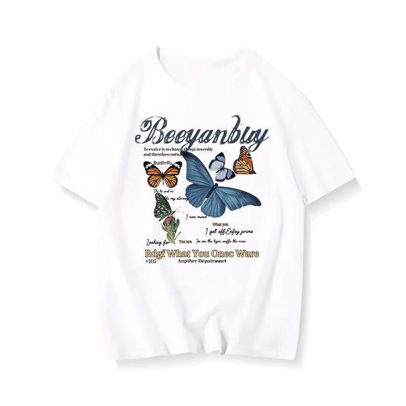 Women's Loose-Fit Butterfly Retro Crew Neck T-Shirt, Summer 2025 Trend