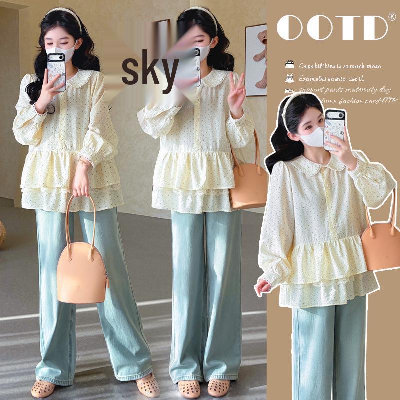 2026 Spring/Summer Polka Dot Lace Patchwork Long Sleeve Shirt with Doll Collar L