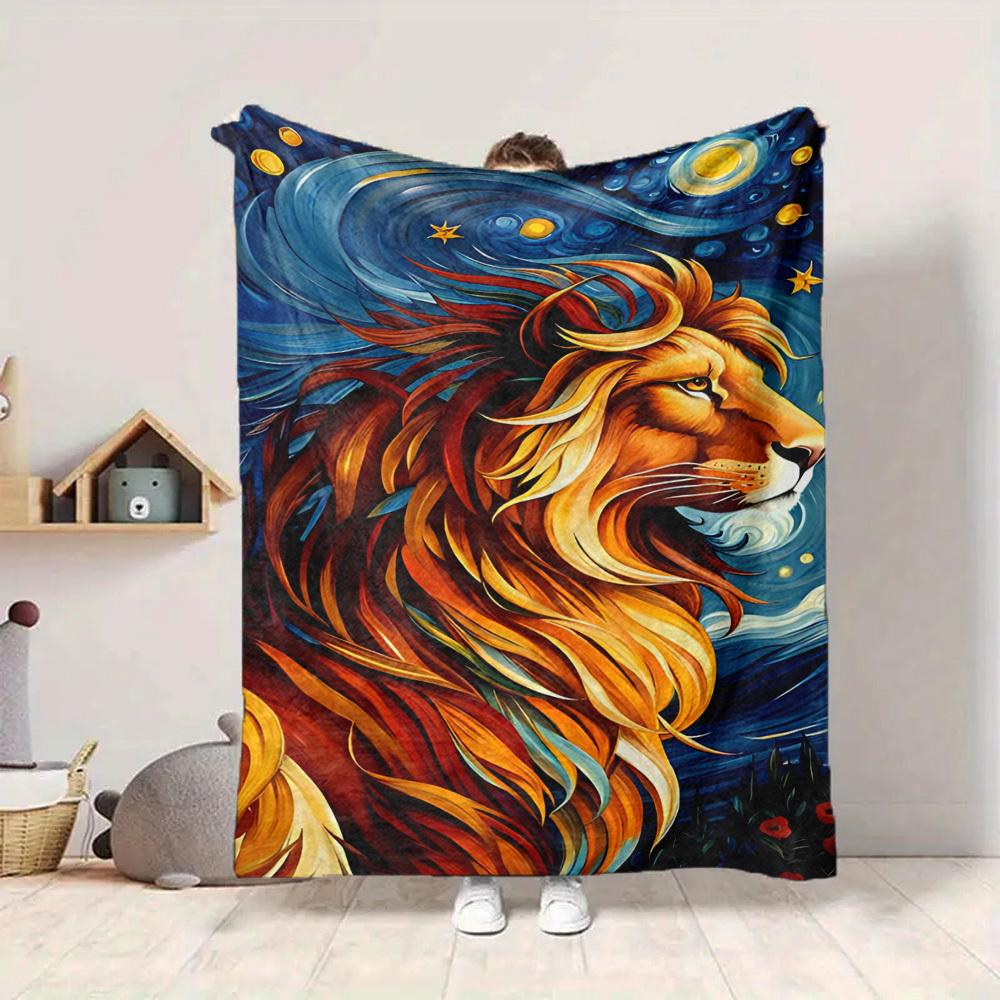 1pc Lion Art Print Blanket - Lightweight Flannel Fleece with Digital Printing, Soft Warm for Sofa, Travel, Camping, Office yy251018325