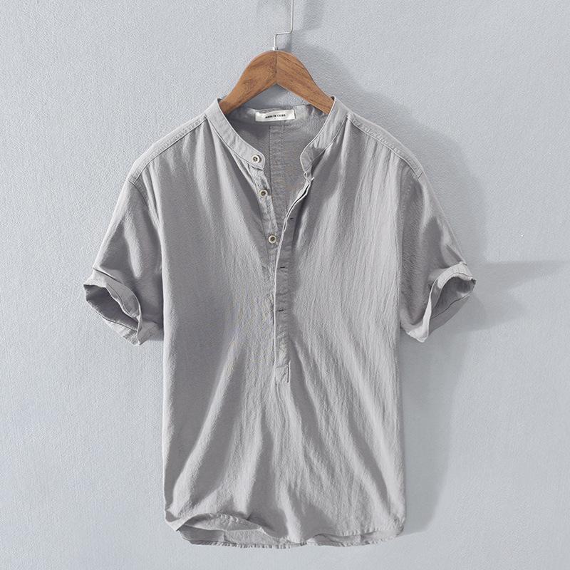 Spring and Summer Men's Cotton and Linen Wrinkled Linen Short-sleeved Shirt
