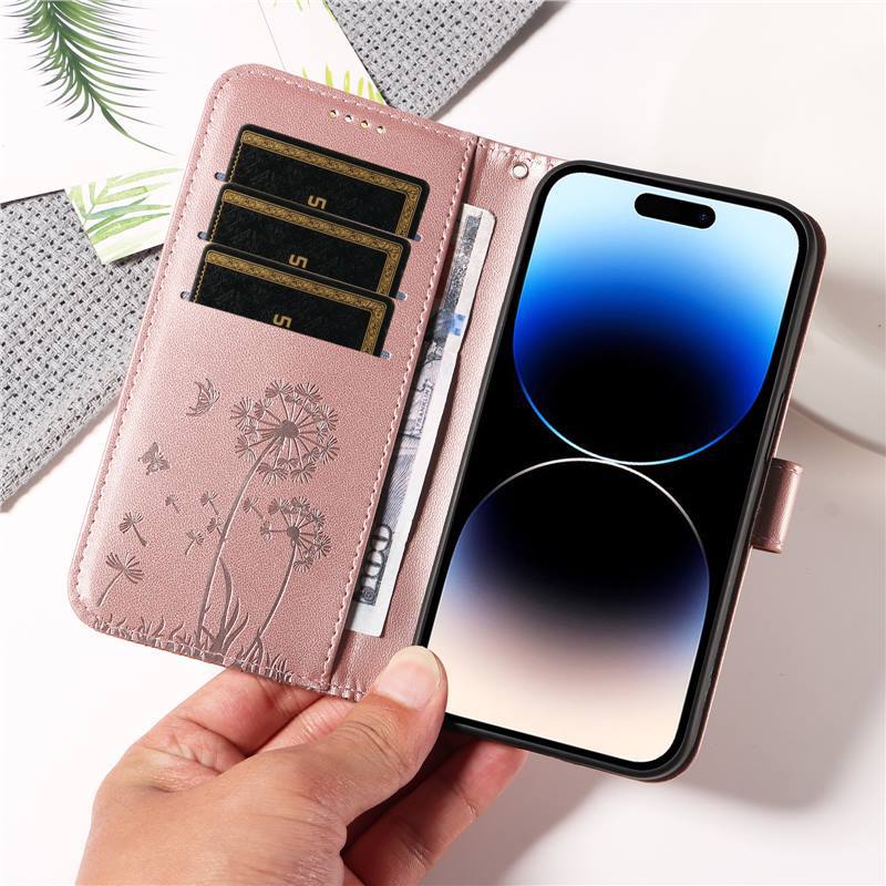 Suitable for iPhone 17 Dandelion Embossed Leather Case, Apple 16 PRO, Samsung S26 Card Slot Flip Phone Case