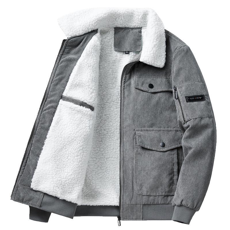 Men's 2025 Korean Style Corduroy Cotton Jacket with Lambswool Fleece Lining and Large Pockets