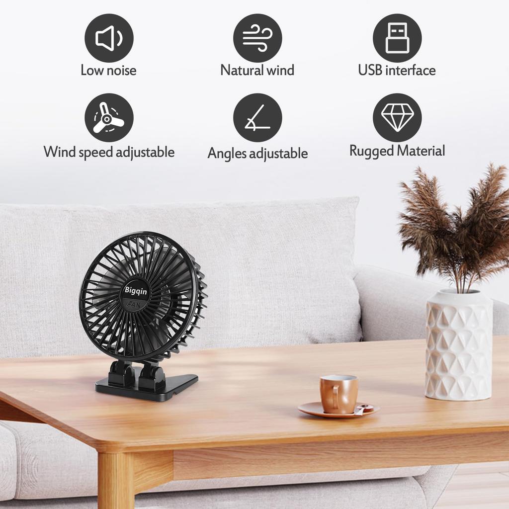 Bigqin Quiet Mini Foldable Desk Small But 3 Speed USB Adjustable for Living or Car Black Fan, Powerful, Settings, Powered, Angle, Office, Room, Room,