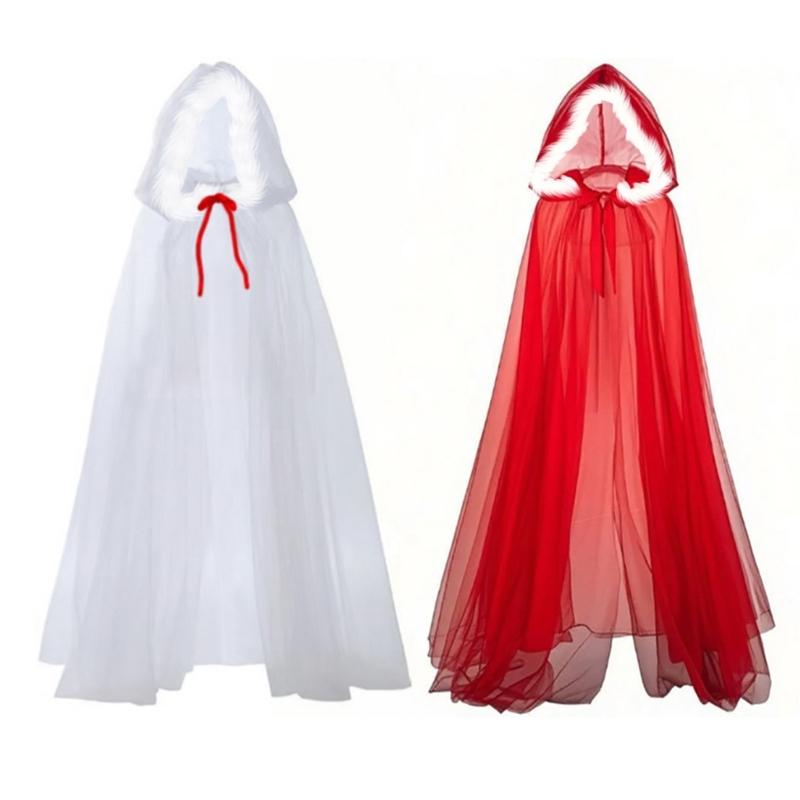 Mesh Hooded Cloak Robe Mrs Santa Clauses Costume Cape Halloween Christmas Costumes for Women Girls Wizard Robe Gifts