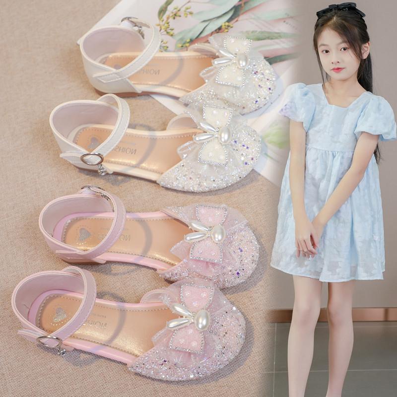Girls Half Sandals Korean Style Kids Princess Shoes Cute Rabbit 2025 Summer New Girls Beach Shoes Non-slip Ins Sweet Bowtie