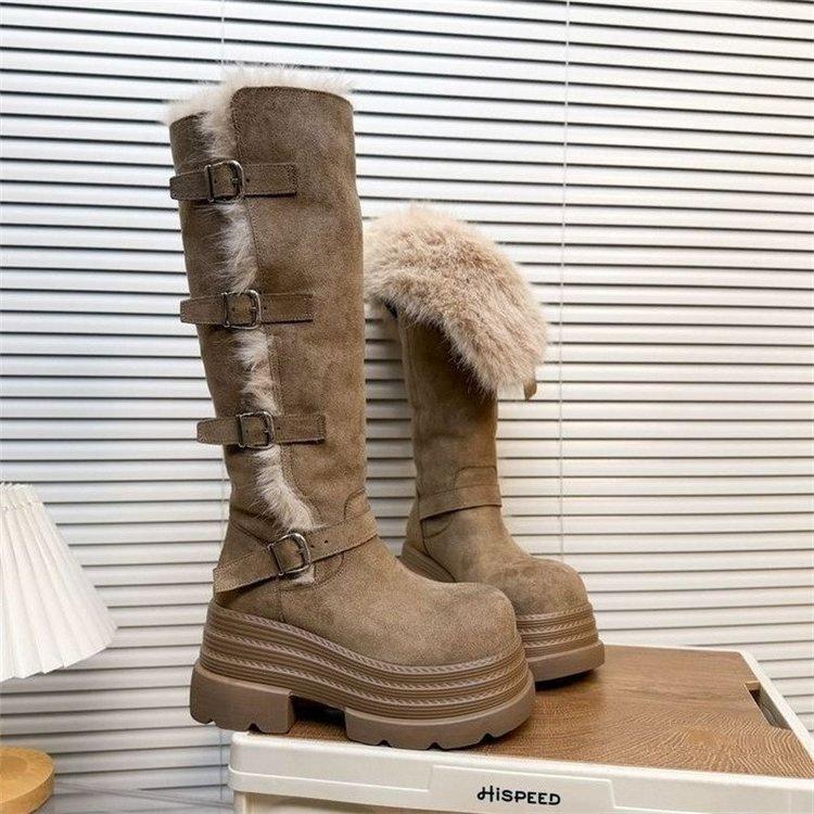 Retro Long Tube Two Wear Martin Boots Thick-soled Velvet Snow Boots Thin Buckle Knight Boots