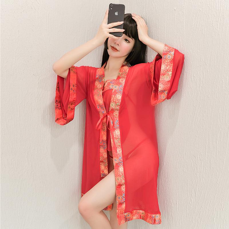 Women's Red Ancient Palace Style Bib Top Kimono Robe Costume Lingerie Set