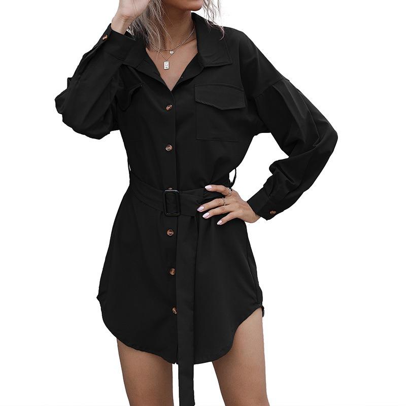 Casual versatile retro long-sleeved lapel solid color shirt skirt