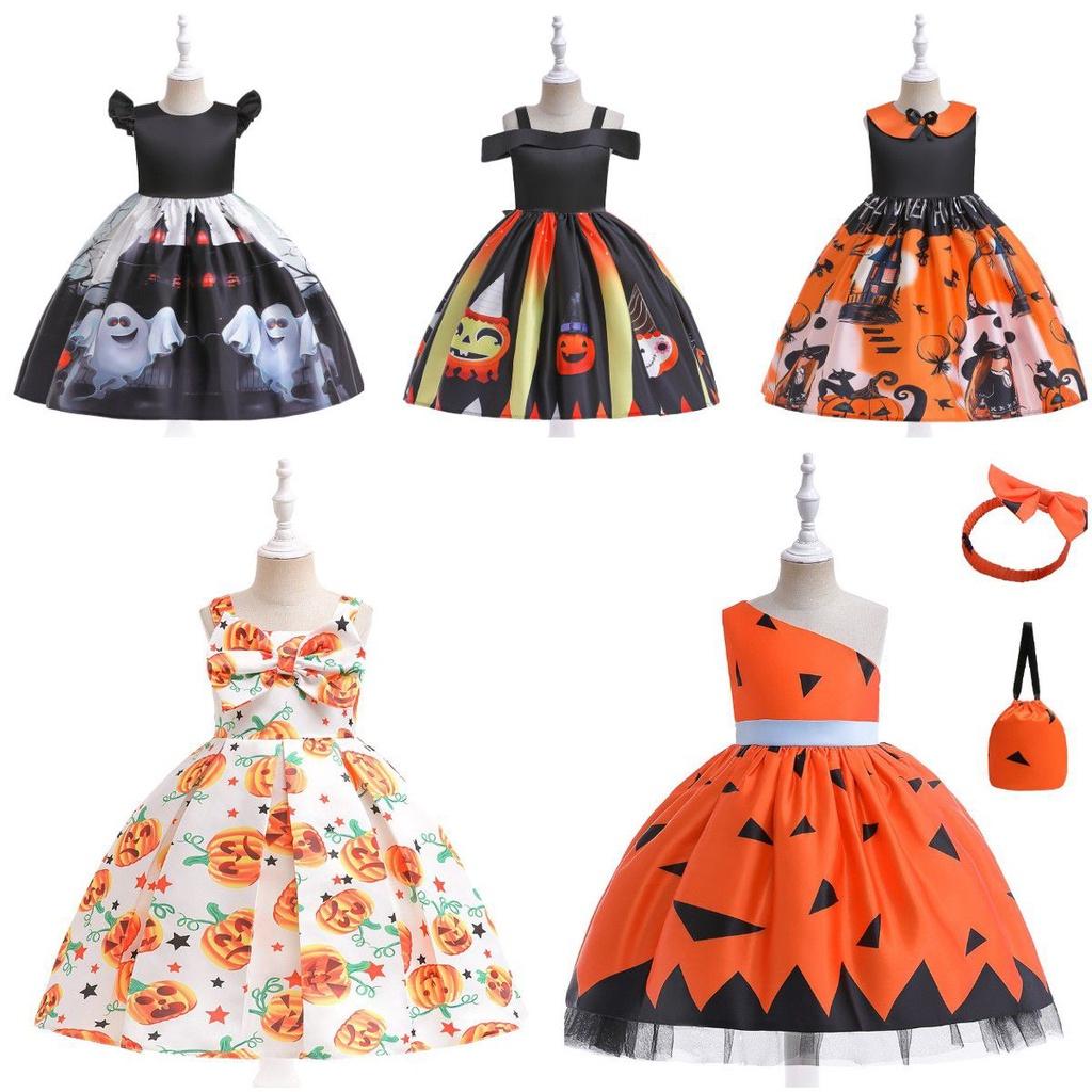 Silky And High Quality Halloween Costume Dress With Pumpkin Bag For Children