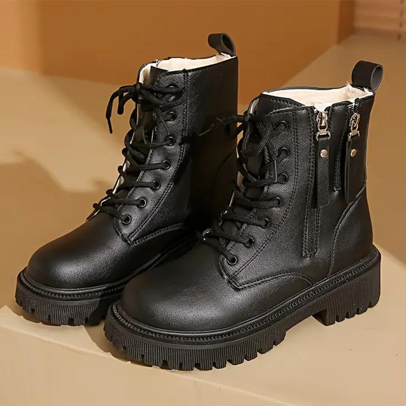 

Зимние теплые короткие плюшевые ботильоны женские модные армейские ботинки на платформе с двойной молнией женские удобные ботинки из искусственной кожи на шнуровке 42 чёрный