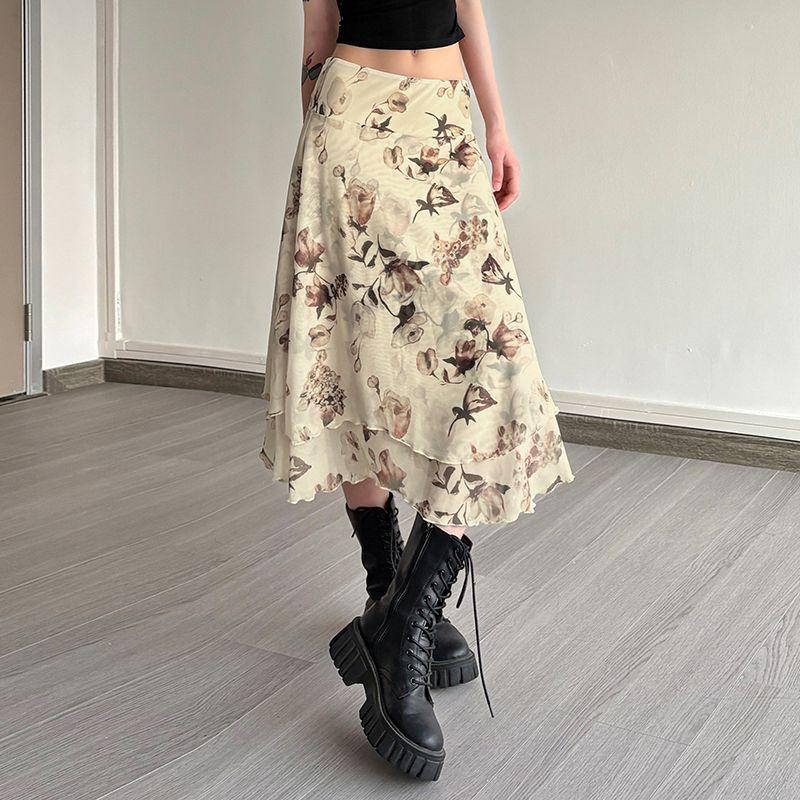 Damenmode Bedruckter Milchseidenrock Niedrige Taille Schlankmachend Heißes Mädchen Mittellang