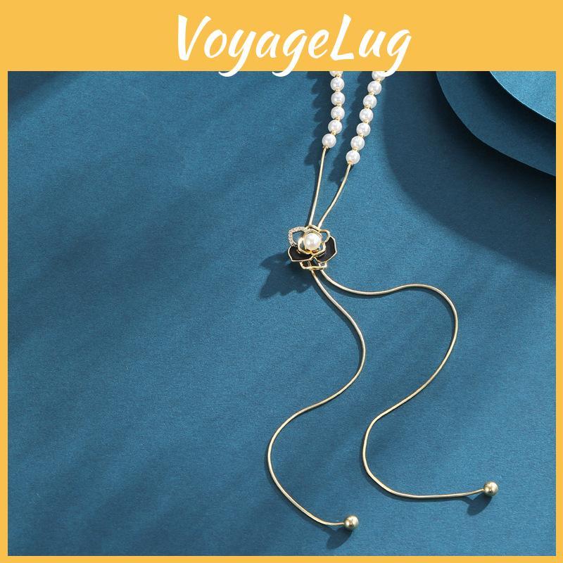 Stylish Long Adjustable Rose Flower Sweater Chain Necklace For Fashionable Outfits