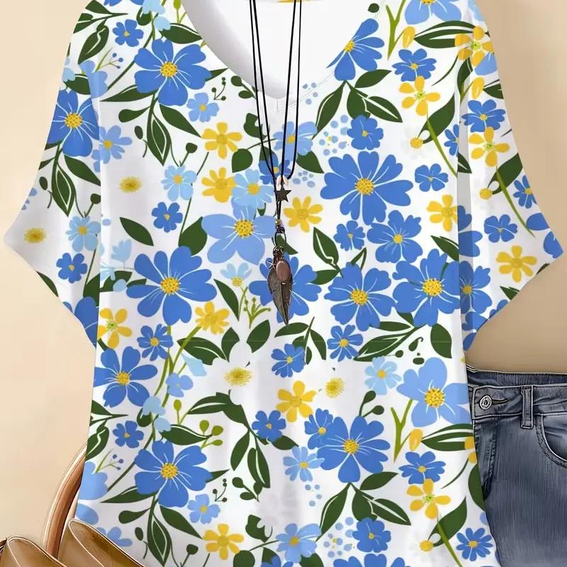 

Flower and leaf print V-neck women s short-sleeved T-shirt 5XL