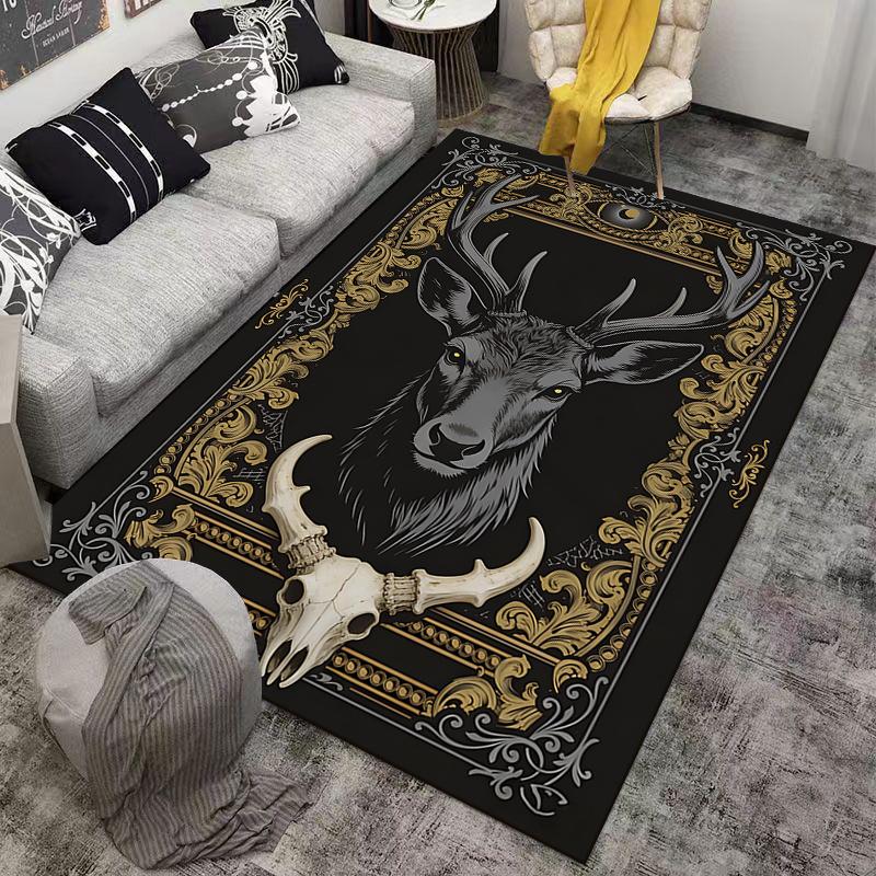 "Black Carpet with Stag and Skull Design, Vintage Gold Accents" Suitable for Use As an Anti-slip for Living Room Bedroom Sofas