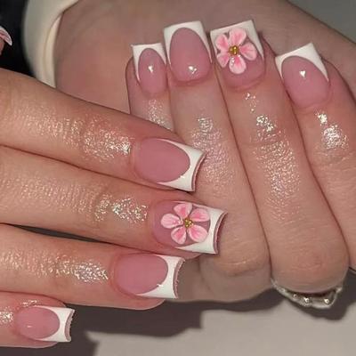 Stylish Floral Press On Nail Plastic French Manicure Set With 3D Embossed Design Quick Application Reusable Fake Nail For Women