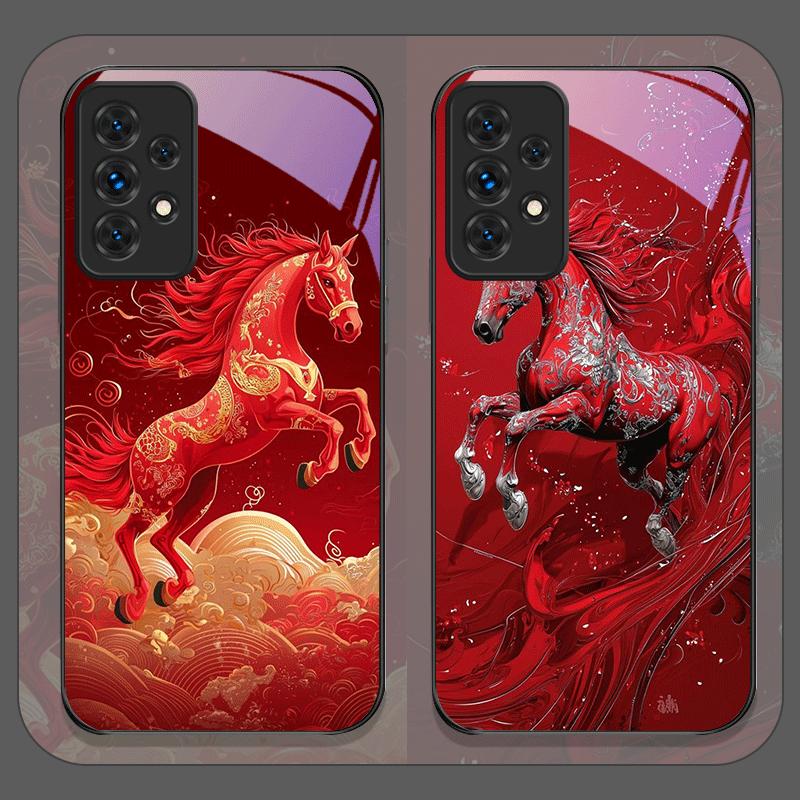 Stylish Chinese-Style Red Horse Print Tempered Glass Phone Case for Samsung Galaxy A56 A17 A55 A54 A53 A52 A36 A14 A31 A51 Cover