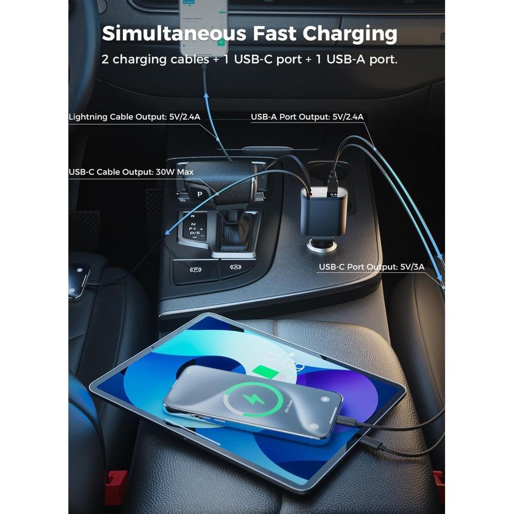 Car Charger - Fast Charging 4-in-1 Adapter with Collapsible Lightning & Type C Cables Dual USB Ports & Voltage Display - Compatible with iPhone iPad