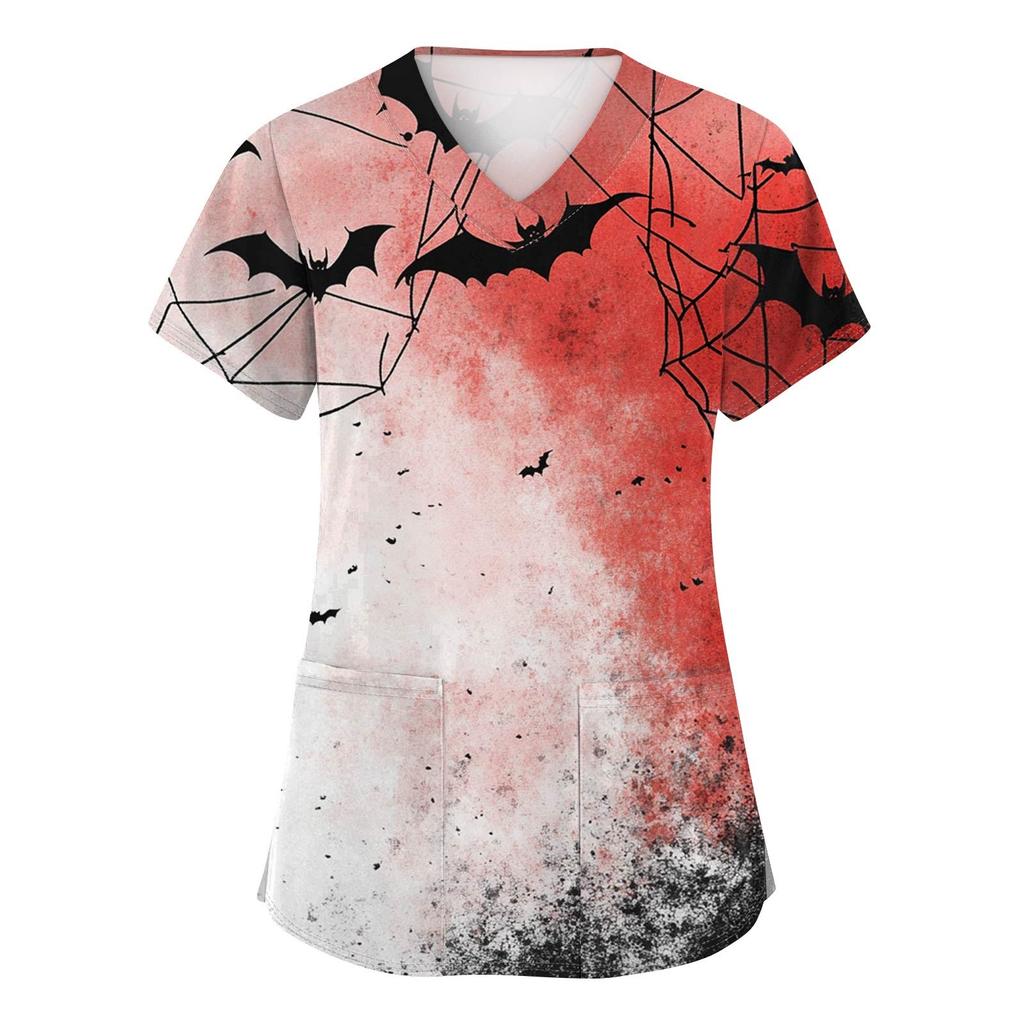 Women's Fashion V-neck Short-sleeved Work Uniform With Pockets, Halloween Print Top