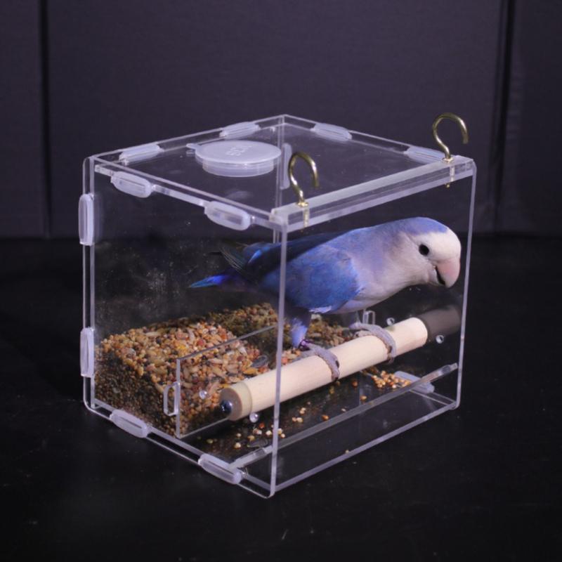 Hanging Parrot Cage Feeder Acrylic Splash-Proof Pet Bird Feeding Box Transparent Parrot Food Box Bird Cages Feeder Container