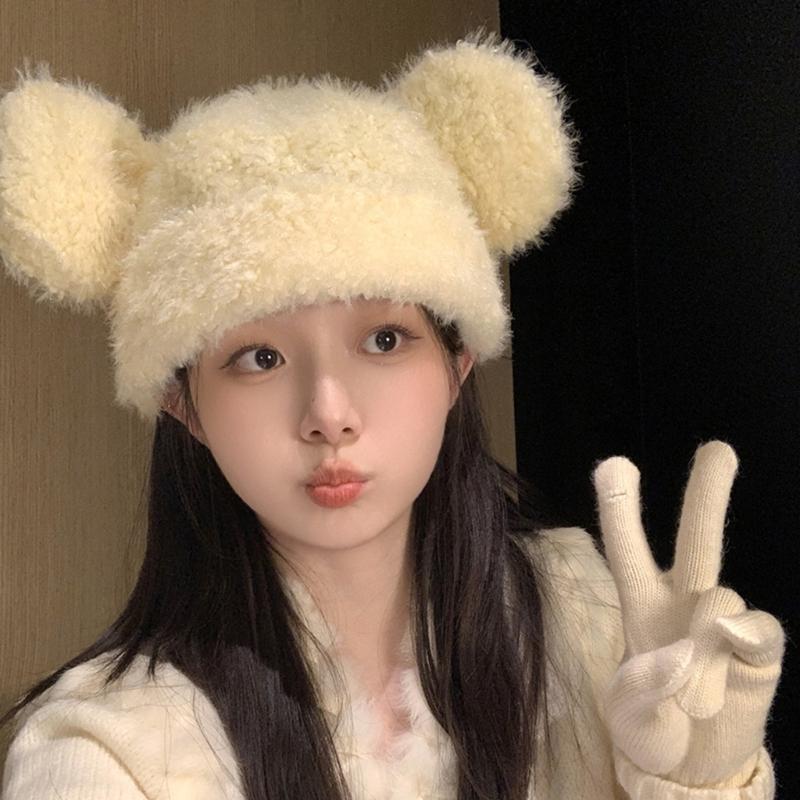 Furry Cartoon Bear Hat with Lovely Ear for Outdoor Sports Furry Hat with Ear Oversized Headgear Hat for Winter