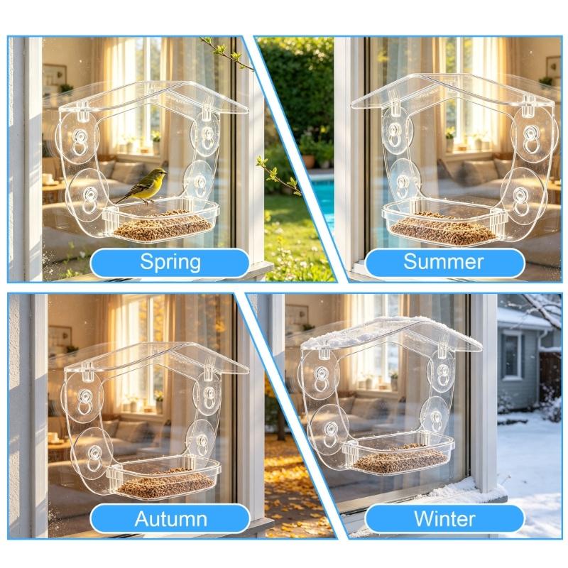 Clear Acrylic Bird Feeder Dining Tray with Suction Cups for Small to Medium Birds, Glass Mount Viewing Station for Outdoor Window Glass Use