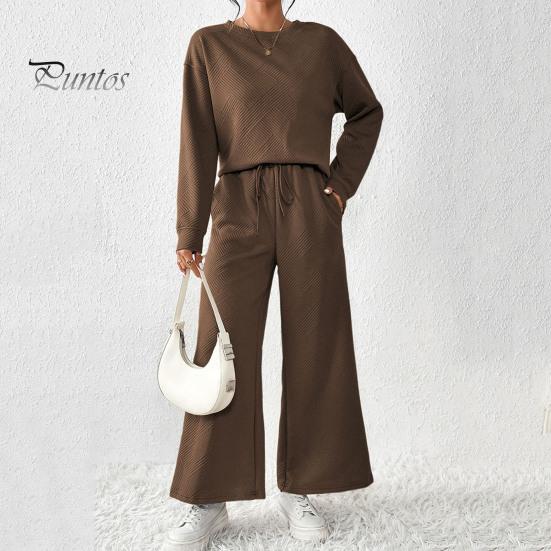 2 Pcs/Set Women Top Pants Suit Round Neck Long Sleeves Textured Solid Color Sweatshirt Elastic Waist Wide Leg Trousers Daily Wear Sport Outfit Fall