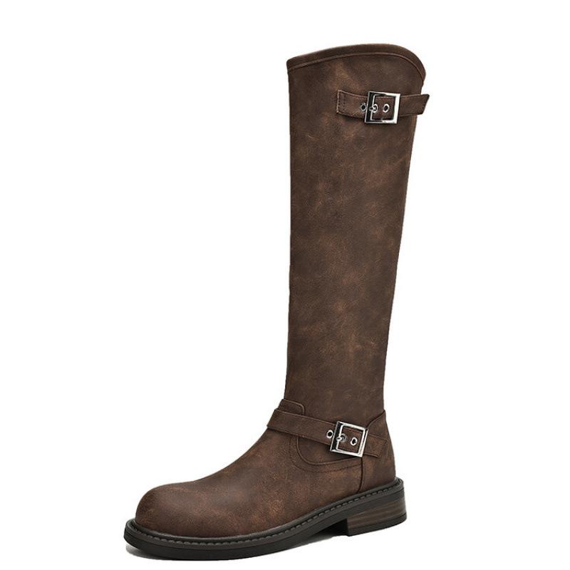 Autumn and Winter Women's Knight Boots Thick-soled New Large-size Leather Boots Round Head Low Heel Square Heel Comfortable Side Zipper High Boots