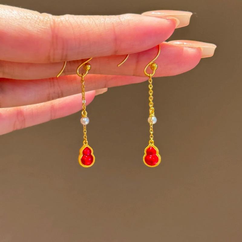 Silk Red Gourd Drip Glaze Necklace Ring Earrings Bracelet Temperament Versatile Lucky Red Jewelry Set