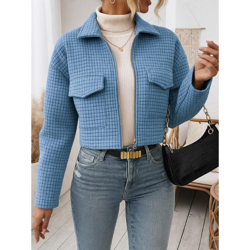 2025 New Women's Autumn and Winter New Spliced Simple Long-sleeved Zipper Lapel Woolen Jacket