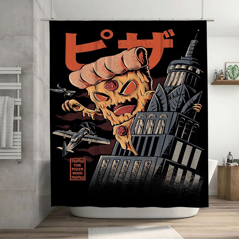

Pizza Planet Shower Curtain Retro Space Monster Design For Bathroom Decoration Black Color Fabric With Hooks Included (75X72In) W60H190(CM)-1 Pcs