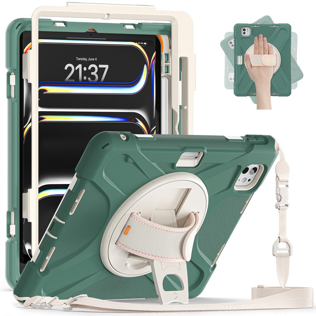 For iPad Pro 11 (2025)/11 (2024) Case PC+Silicone Kickstand Tablet Cover with Hand Strap and Shoulder Strap