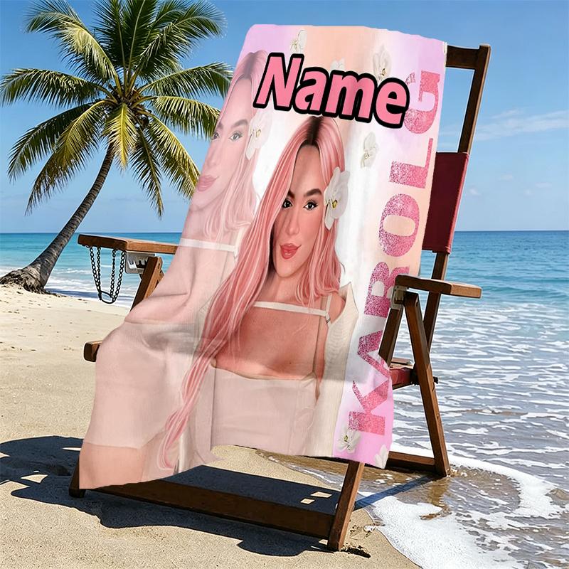 Custom Name Personalized Karol G Print Beach Towel, for Trip Camping Beach Party Home Decor, Birthday Gift for Family & Friends