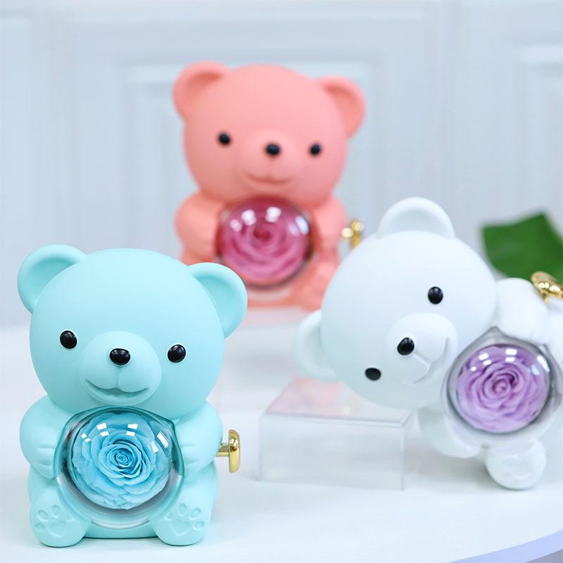 Eternal Rose Teddy Bear Necklace Ring Gifts Box Rotate Rose Jewelry Box Valentine Wedding Storage Gift Case for Women Girlfriend