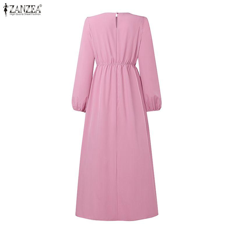 ZANZEA Women Round Neck Long Sleeve Casual Ruffles Long Dress