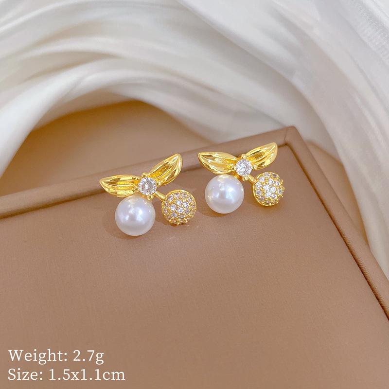 Necklace Earrings Set Light Luxury Full Of Diamonds Pearl Cherry Personality Temperament Banquet Earrings Item Group