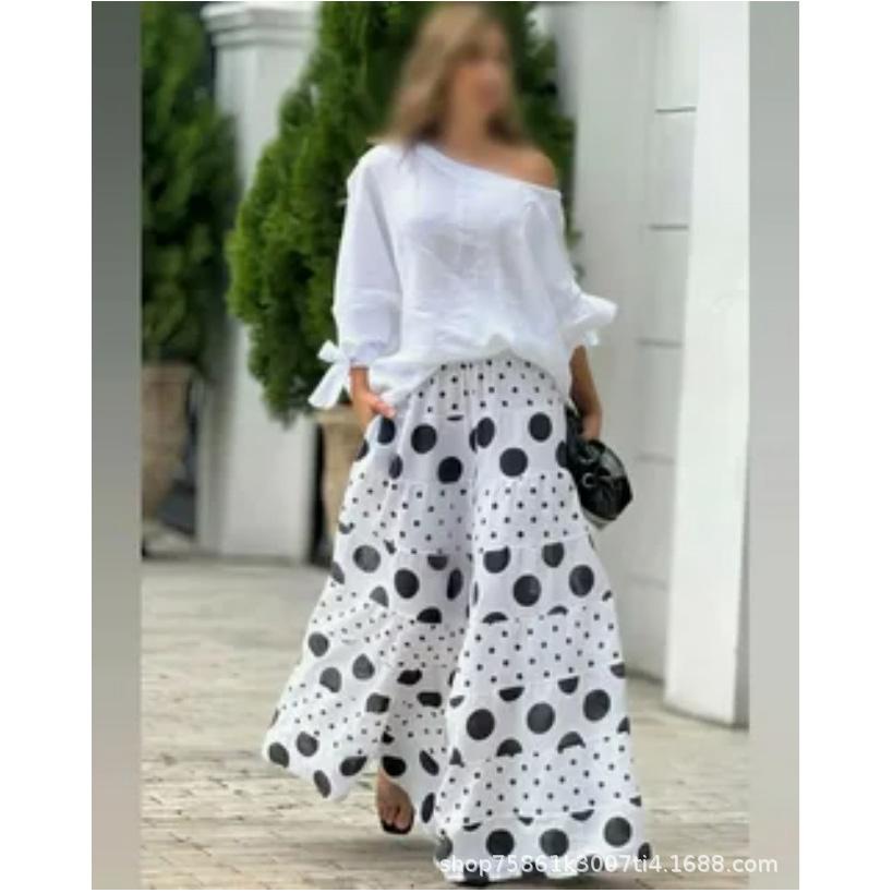 

Fashion High Street Outfits 2 Piece Set Sexy Diagonal Neck Solid Blouse + Wide Leg Pants Sets Elegant Polka Dot Print Women Suit 3XL білий