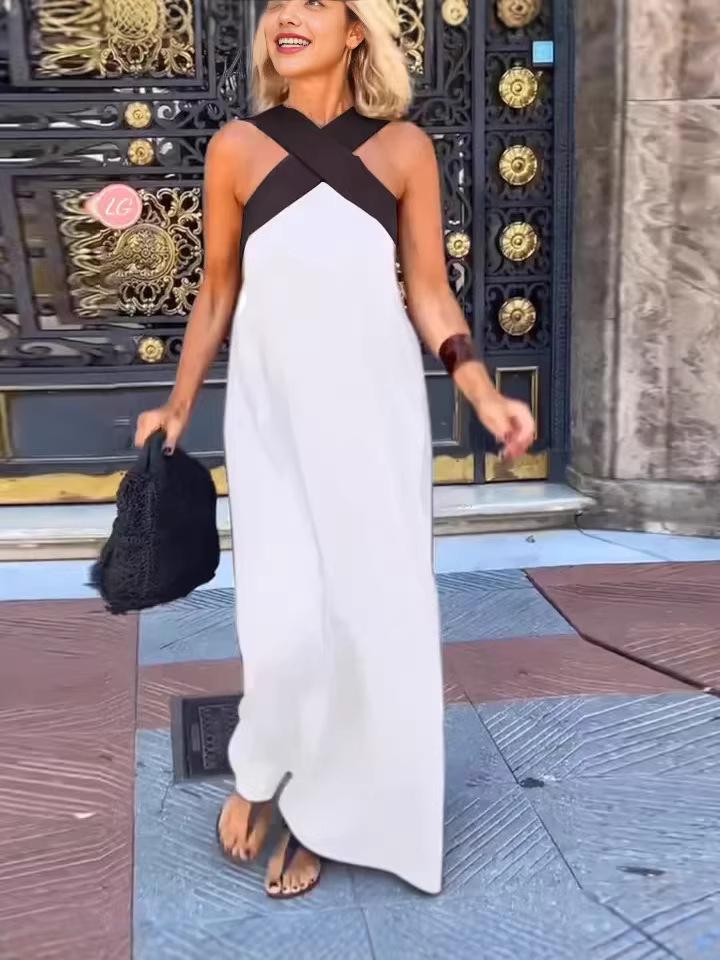 2026 Cross-Border European American Fashion Patchwork Strapless Halterneck Vacation Dress