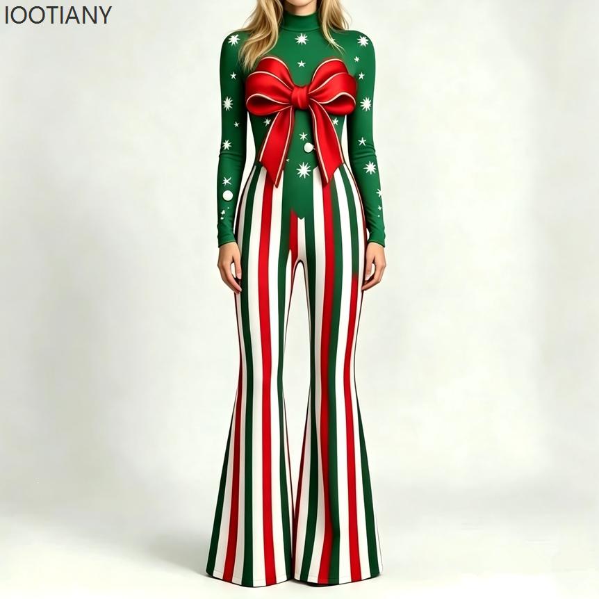 Women Christmas Flare Jumpsuit Candy Cane Snowflake Pattern Bell Bottom Skull Bodysuit Halloween Xmas Clubwear Party Costume