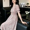 Summer Chiffon Sweet Wind Bubble Sleeves Floral V-neck Dress Women's Waist French Pleated Tea Break A Word Medium and Long Dress