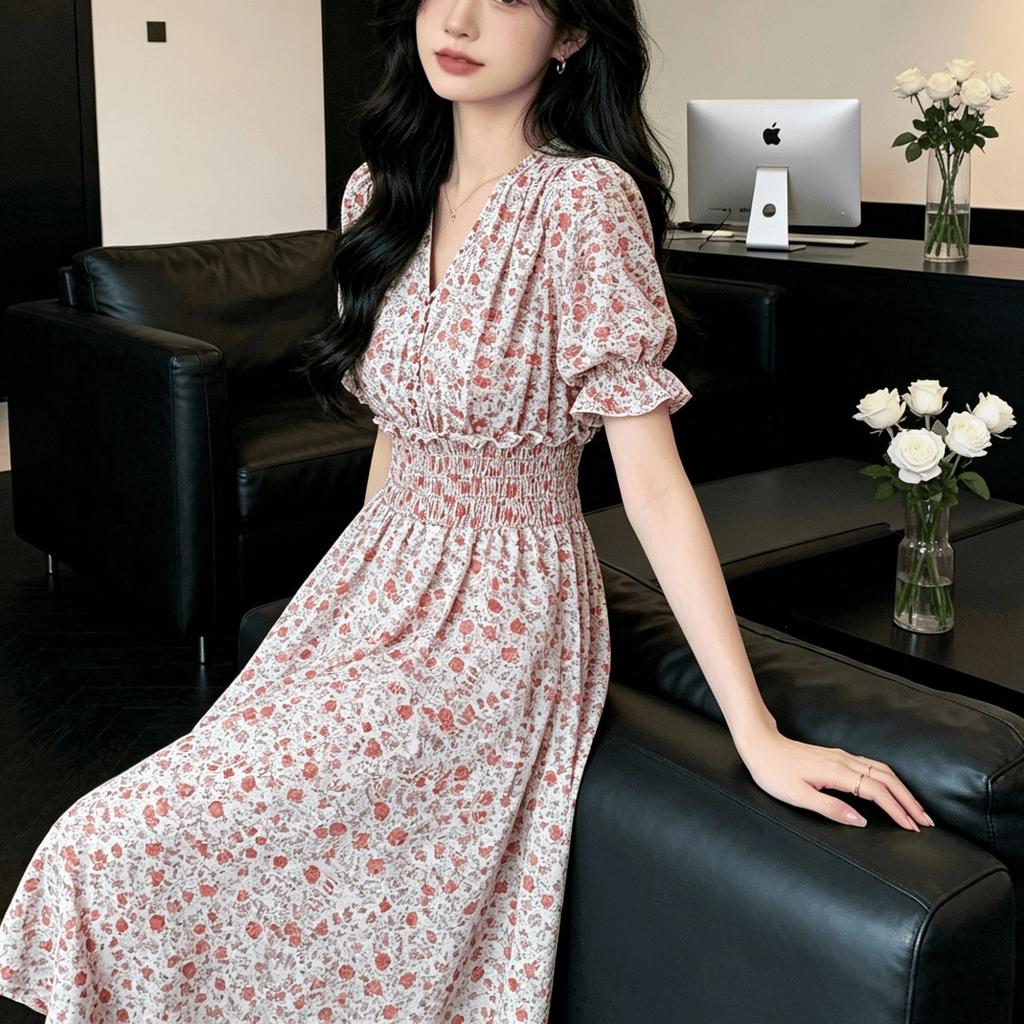 Summer Chiffon Sweet Wind Bubble Sleeves Floral V-neck Dress Women's Waist French Pleated Tea Break A Word Medium and Long Dress