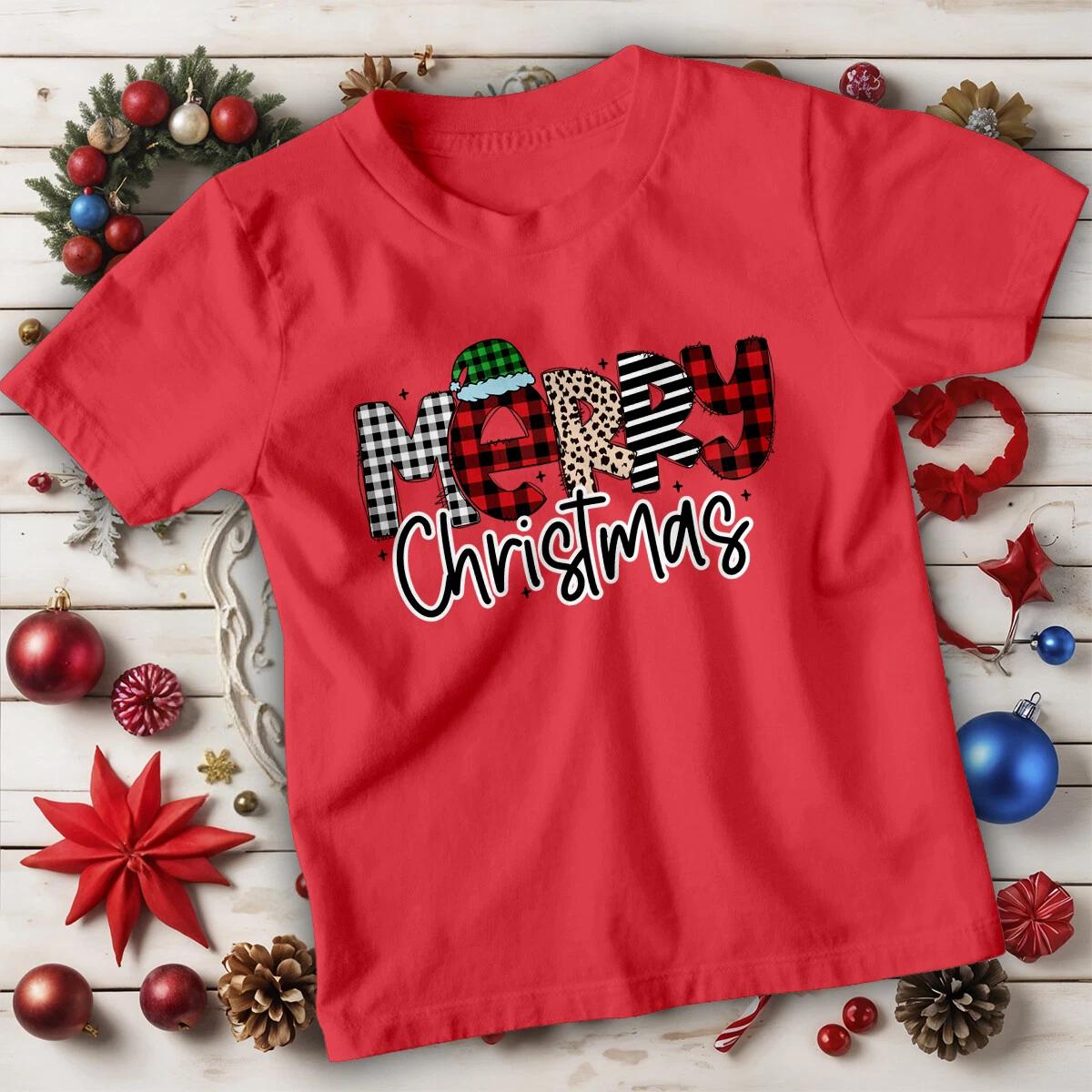 Boys and Girls Plaid and Leopard Christmas T-Shirt Tee for Kids 140