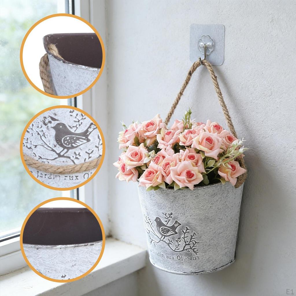 Hanging Flower Pot, Planter Metal Bucket Rustic Plant Flowerpot for Entryway,