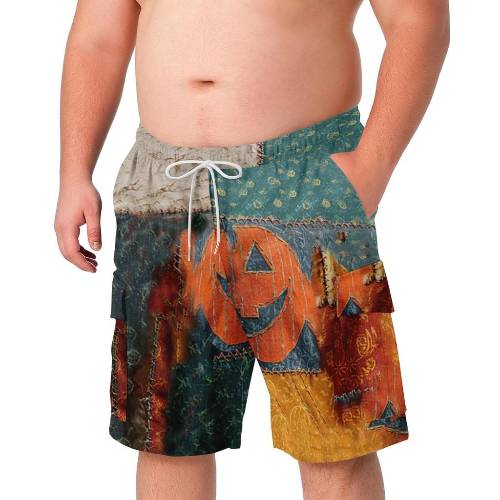 Men's Plus Size Halloween Print Cargo Shorts Multi Pocket Lightweight Casual Shorts with Adjustable Drawstring Waist for Comfort and Utility