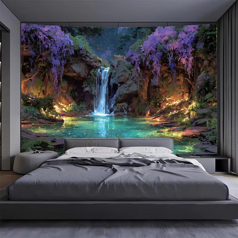 2D Enchanted Waterfall Backdrop Glowing Lake Wedding Photography Background