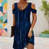 Women Plus Size V Neck Cold Shoulder Abstract Printed Short Sleeve Curved Hem Dress