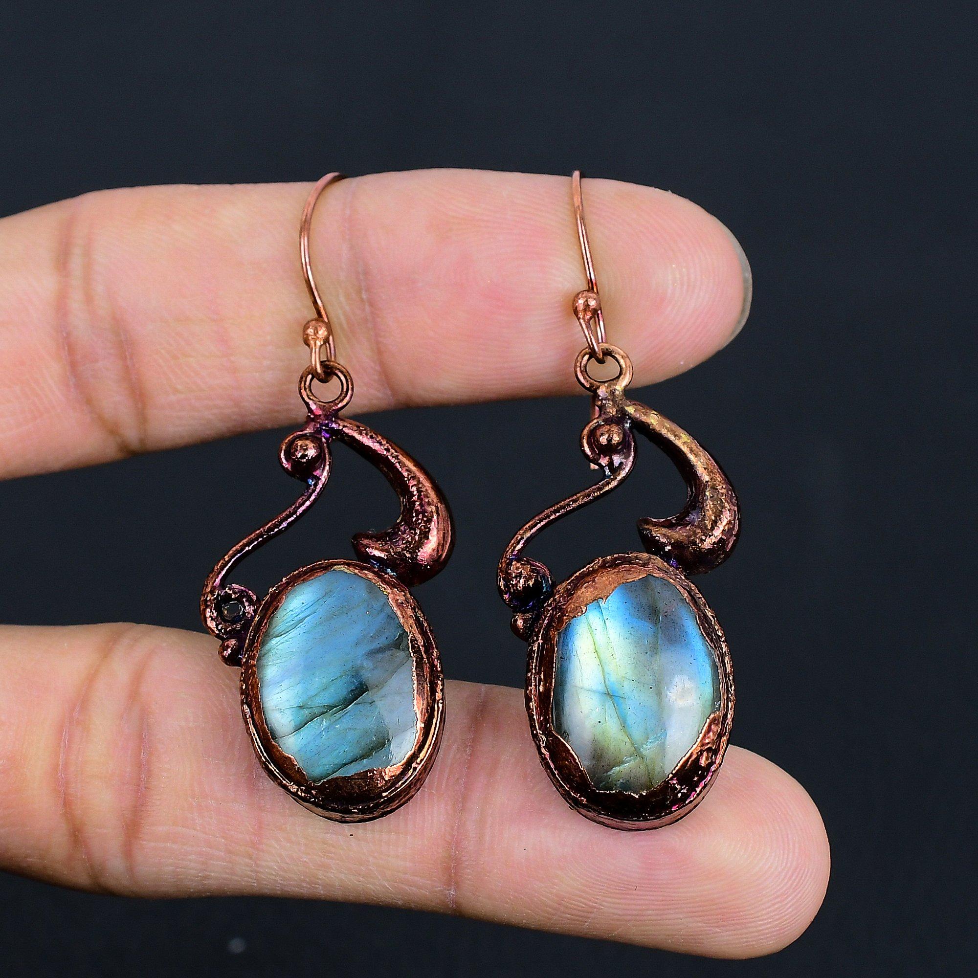 

Серьги из лабрадорита с медным гальванопокрытием, Ювелирные изделия ручной работы с драгоценными камнями, Подарки для жены, Совершенно новые серьги 2.55 Inches