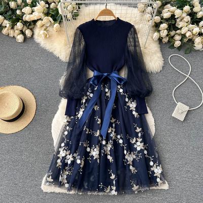 Spring Floral Knitted Long Dress Women Autumn Long Sleeves A Line Patchwork Mesh Embroidery Dresses